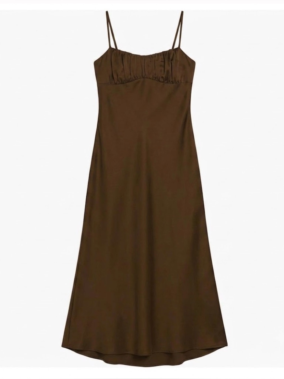 Chocolate Brown Ruched Bust Satin Midi Dress Backless - Size S